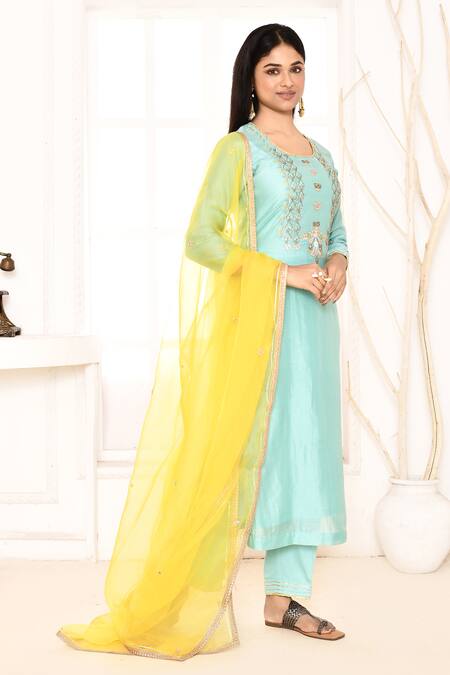 Abbaran_Blue Chanderi, Cotton, Organza Embroidery, Gota Patti Hand Straight Kurta Set _Online_at_Aza_Fashions