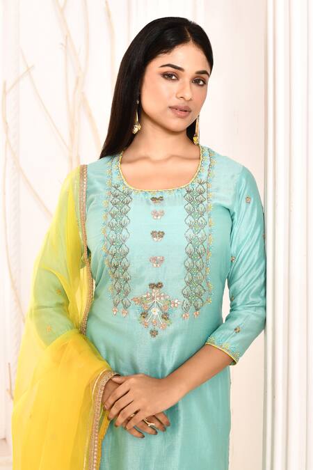 Buy_Abbaran_Blue Chanderi, Cotton, Organza Embroidery, Gota Patti Hand Straight Kurta Set _Online_at_Aza_Fashions