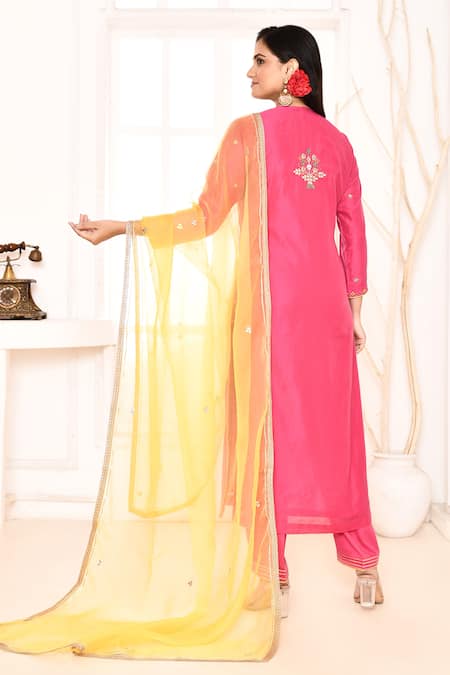 Shop_Abbaran_Pink Chanderi, Cotton, Organza Embroidery, Gota Floral Hand Straight Kurta Set _at_Aza_Fashions