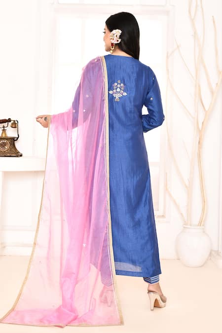 Shop_Abbaran_Blue Chanderi, Cotton, Organza Embroidery, Gota Hand Straight Kurta Palazzo Set _at_Aza_Fashions