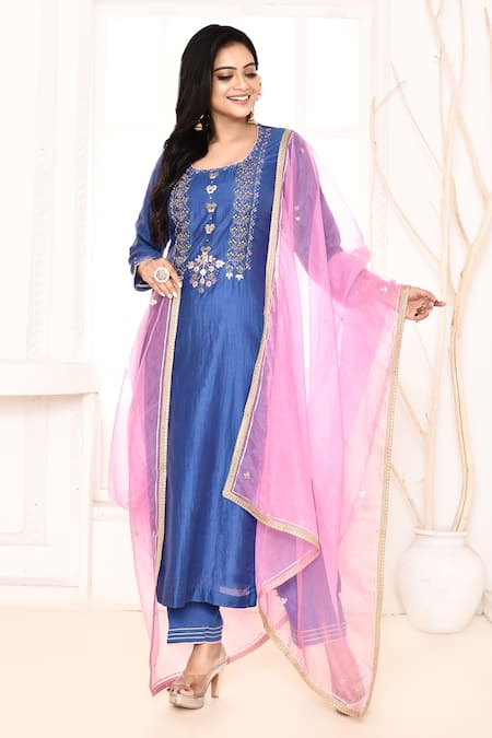 Abbaran_Blue Chanderi, Cotton, Organza Embroidery, Gota Hand Straight Kurta Palazzo Set _Online_at_Aza_Fashions