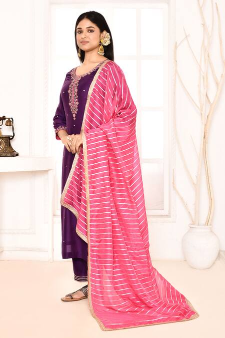 Abbaran_Purple Cotton, Silk, Organza Embroidery, Gota Patti Hand Kurta Palazzo Set _Online_at_Aza_Fashions