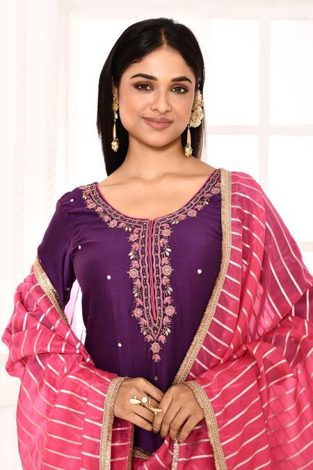 Buy_Abbaran_Purple Cotton, Silk, Organza Embroidery, Gota Patti Hand Kurta Palazzo Set _Online_at_Aza_Fashions