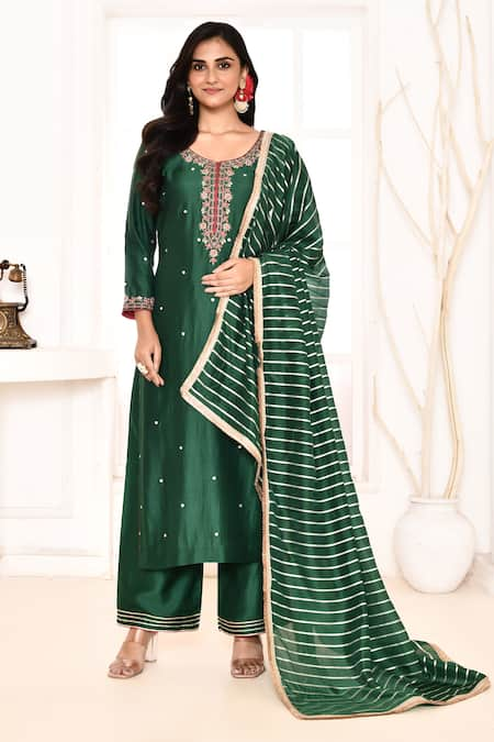 Abbaran Emerald Green Kurta And Palazzo Cotton Silk Hand Embroidered Floral Round Set 