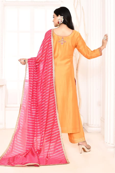 Shop_Abbaran_Orange Cotton, Silk, Organza Embroidery, Gota Patti Floral Hand Palazzo Set _at_Aza_Fashions