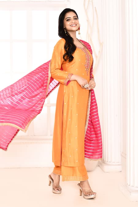 Abbaran_Orange Cotton, Silk, Organza Embroidery, Gota Patti Floral Hand Palazzo Set _Online_at_Aza_Fashions