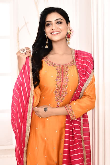 Buy_Abbaran_Orange Cotton, Silk, Organza Embroidery, Gota Patti Floral Hand Palazzo Set _Online_at_Aza_Fashions