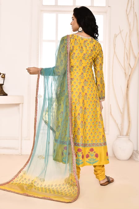 Shop_Abbaran_Yellow , Satin, Organza Block Print Anarkali Churidar Set _at_Aza_Fashions