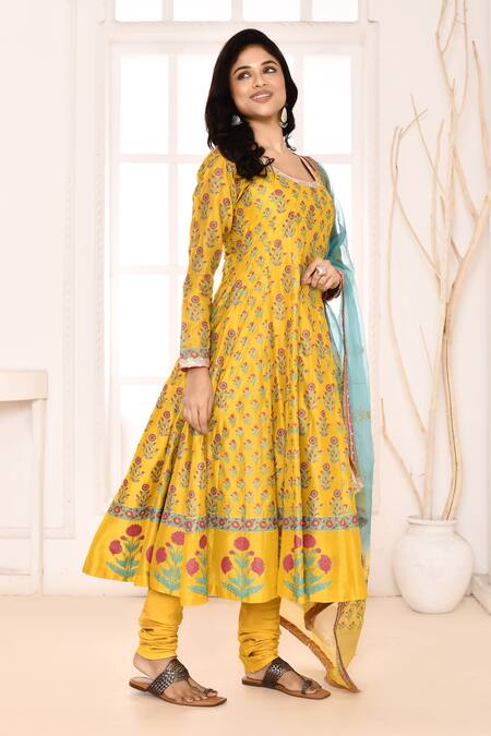 Abbaran_Yellow , Satin, Organza Block Print Anarkali Churidar Set _Online_at_Aza_Fashions