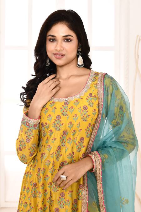 Buy_Abbaran_Yellow , Satin, Organza Block Print Anarkali Churidar Set _Online_at_Aza_Fashions