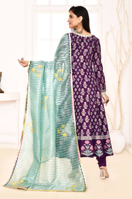 Shop_Abbaran_Purple , Satin, Organza Embroidery Scoop Block Print Anarkali Set _at_Aza_Fashions