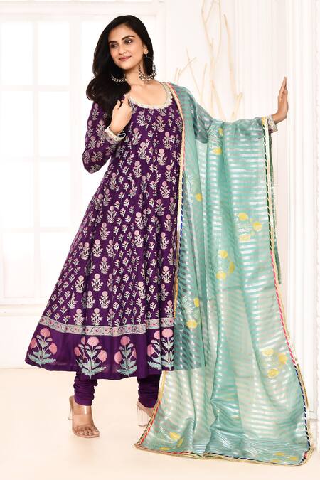 Abbaran_Purple , Satin, Organza Embroidery Scoop Block Print Anarkali Set _Online_at_Aza_Fashions