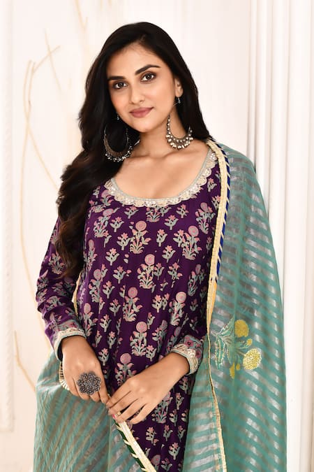 Buy_Abbaran_Purple , Satin, Organza Embroidery Scoop Block Print Anarkali Set _Online_at_Aza_Fashions
