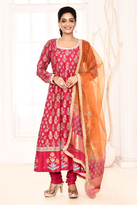 Abbaran Floral Block Print Anarkali Set 