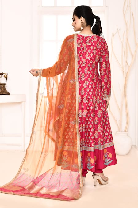 Shop_Abbaran_Pink , Satin, Organza Embroidery, Floral Block Print Anarkali Set _at_Aza_Fashions