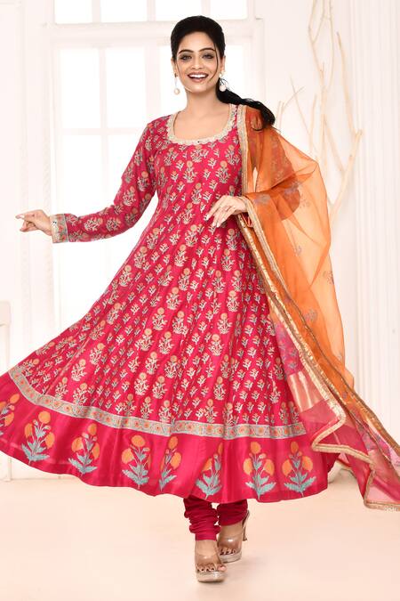 Abbaran_Pink , Satin, Organza Embroidery, Floral Block Print Anarkali Set _Online_at_Aza_Fashions