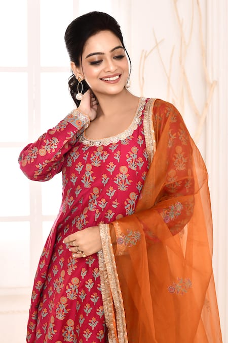 Buy_Abbaran_Pink , Satin, Organza Embroidery, Floral Block Print Anarkali Set _Online_at_Aza_Fashions