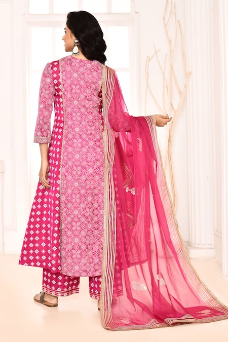 Shop_Abbaran_Pink Silk, Organza Gota Patti, Geometric Floral Block Print A-line Kurta Set _at_Aza_Fashions
