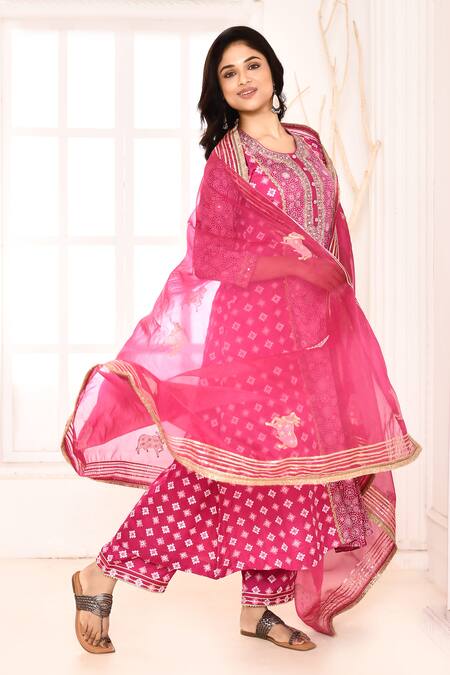 Abbaran_Pink Silk, Organza Gota Patti, Geometric Floral Block Print A-line Kurta Set _Online_at_Aza_Fashions