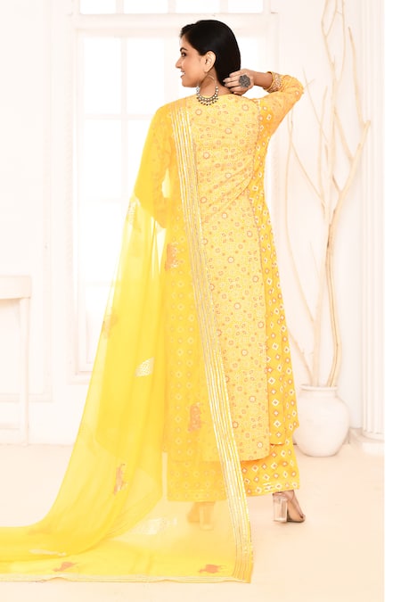 Shop_Abbaran_Yellow Silk, Organza Gota Geometric Floral Block Print A-line Kurta Palazzo Set _at_Aza_Fashions