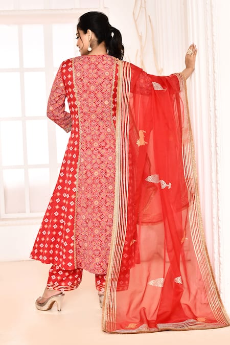 Shop_Abbaran_Red Silk, Organza Gota Patti, Embroidery Round Neck Block Print A-line Kurta Set _at_Aza_Fashions