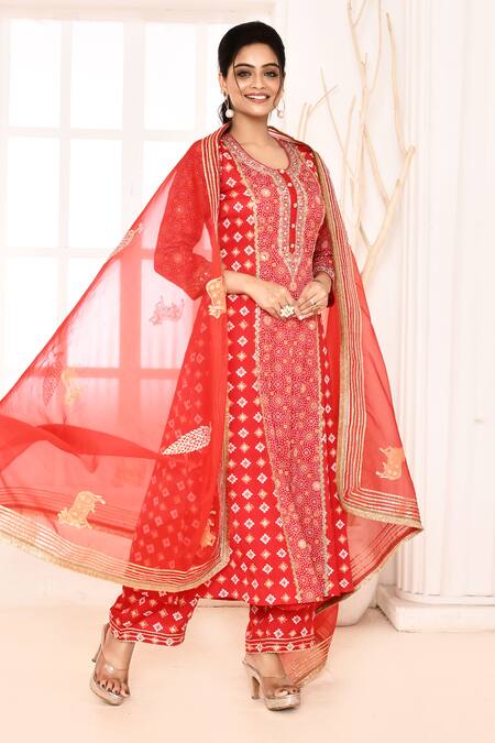 Abbaran_Red Silk, Organza Gota Patti, Embroidery Round Neck Block Print A-line Kurta Set _Online_at_Aza_Fashions