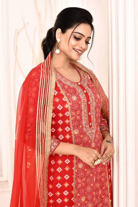 Buy_Abbaran_Red Silk, Organza Gota Patti, Embroidery Round Neck Block Print A-line Kurta Set _Online_at_Aza_Fashions