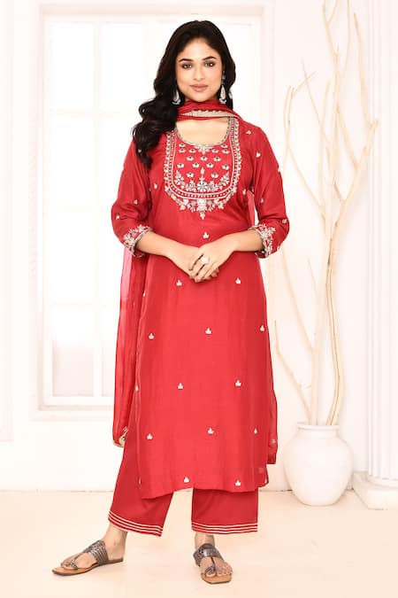 Abbaran Red Kurta Cotton Silk Hand Embroidered Gota Patti U Neck Palazzo Set 