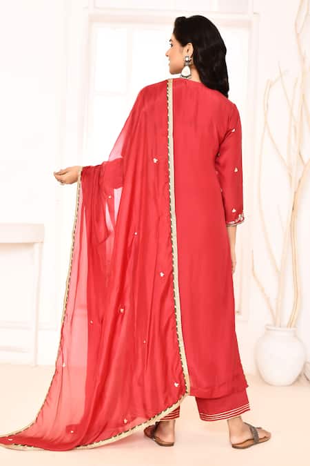 Shop_Abbaran_Red Cotton, Silk Embroidery, Lace, Gota Patti Round Neck Hand Kurta Palazzo Set _at_Aza_Fashions