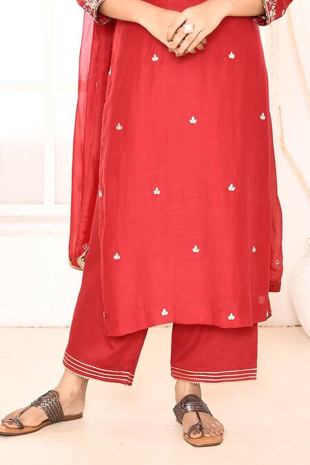 Abbaran_Red Cotton, Silk Embroidery, Lace, Gota Patti Round Neck Hand Kurta Palazzo Set _Online_at_Aza_Fashions