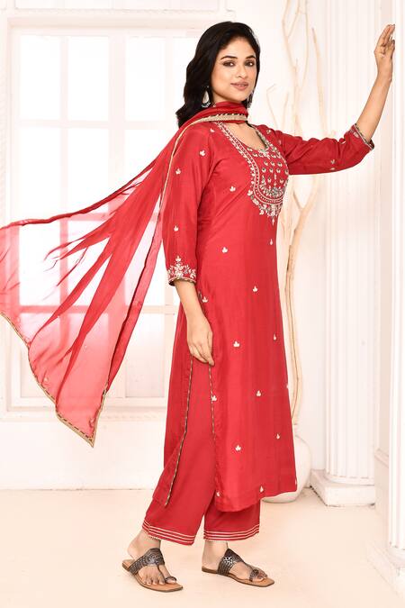 Buy_Abbaran_Red Cotton, Silk Embroidery, Lace, Gota Patti Round Neck Hand Kurta Palazzo Set _Online_at_Aza_Fashions