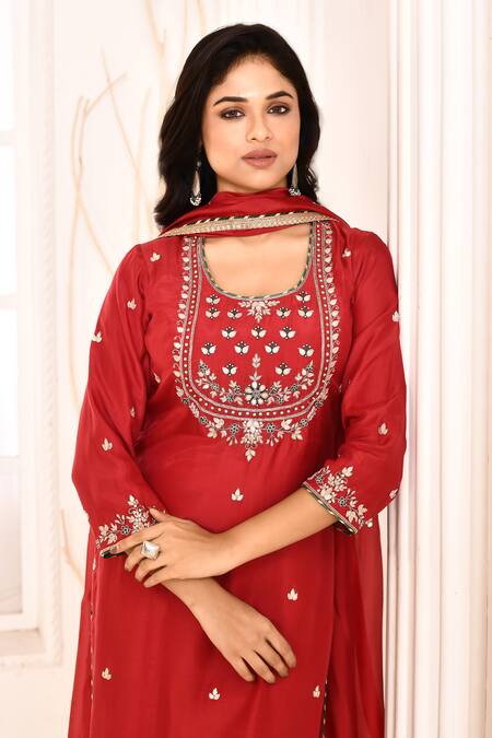 Shop_Abbaran_Red Cotton, Silk Embroidery, Lace, Gota Patti Round Neck Hand Kurta Palazzo Set _Online_at_Aza_Fashions