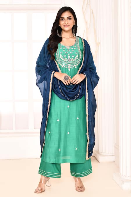 Abbaran Green Kurta Cotton Silk Hand Embroidered Gota Patti U Neck Set 