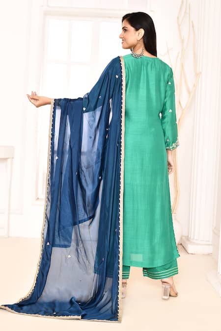 Shop_Abbaran_Green , Satin, Silk Gota Patti, Embroidery Round Hand Kurta Set _at_Aza_Fashions