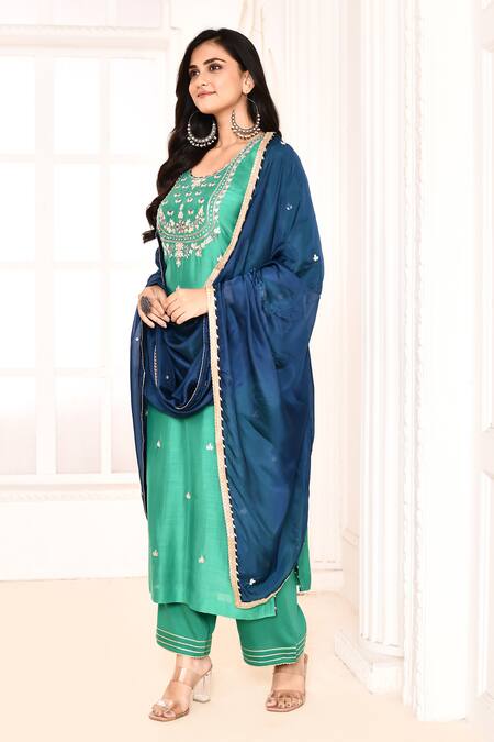 Buy_Abbaran_Green , Satin, Silk Gota Patti, Embroidery Round Hand Kurta Set _Online_at_Aza_Fashions