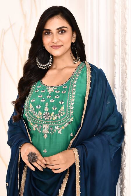 Shop_Abbaran_Green , Satin, Silk Gota Patti, Embroidery Round Hand Kurta Set _Online_at_Aza_Fashions