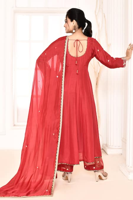 Shop_Abbaran_Red Cotton, Silk Gota Patti Round Neck Hand Embroidered Anarkali Palazzo Set _at_Aza_Fashions