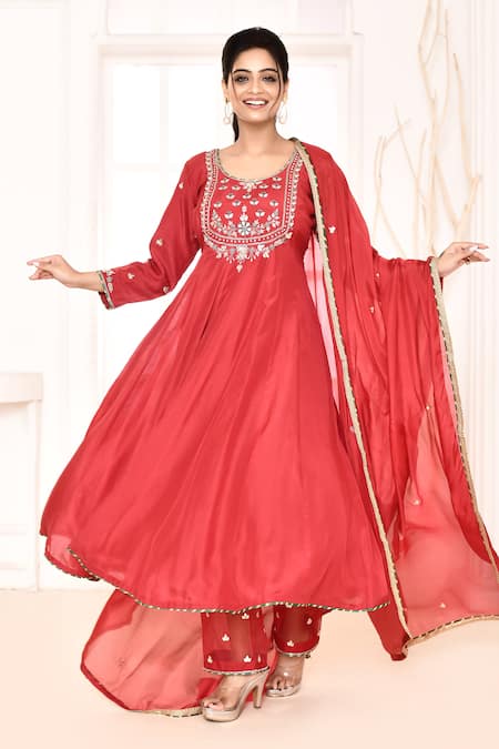Abbaran_Red Cotton, Silk Gota Patti Round Neck Hand Embroidered Anarkali Palazzo Set _Online_at_Aza_Fashions