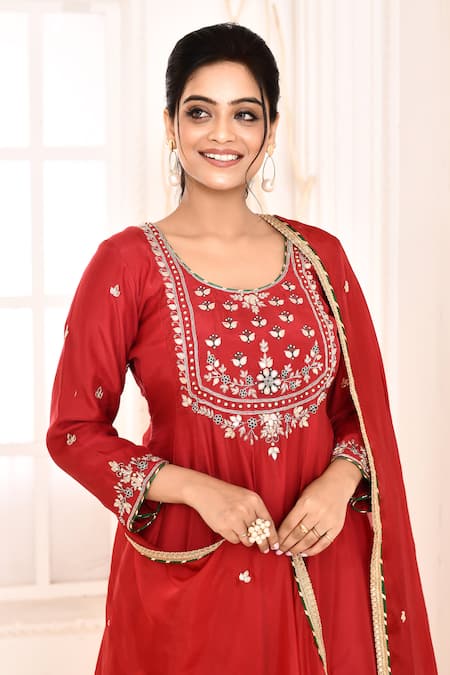 Shop_Abbaran_Red Cotton, Silk Gota Patti Round Neck Hand Embroidered Anarkali Palazzo Set _Online_at_Aza_Fashions