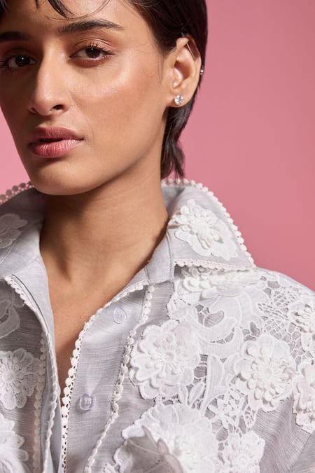 Dash And Dot White Cotton, Polyester Lace, Embroidery 3d Applique Work Shirt And Skirt Set Online at Aza Fashions Dash And Dot_White Cotton, Polyester Lace, Embroidery 3d Applique Work Shirt And Skirt Set _Online_at_Aza_Fashions