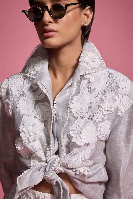Shop Dash And Dot White Cotton, Polyester Lace, Embroidery 3d Applique Work Shirt And Skirt Set Online at Aza Fashions Shop_Dash And Dot_White Cotton, Polyester Lace, Embroidery 3d Applique Work Shirt And Skirt Set _Online_at_Aza_Fashions