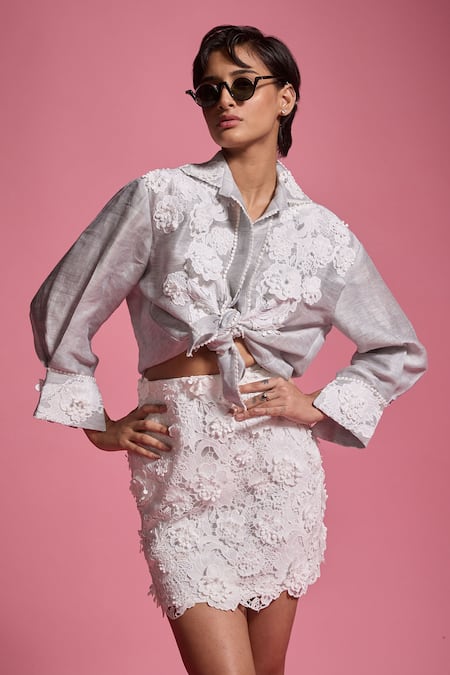 Dash And Dot White Cotton, Polyester Lace, Embroidery 3d Applique Work Shirt And Skirt Set at Aza Fashions Dash And Dot_White Cotton, Polyester Lace, Embroidery 3d Applique Work Shirt And Skirt Set _at_Aza_Fashions