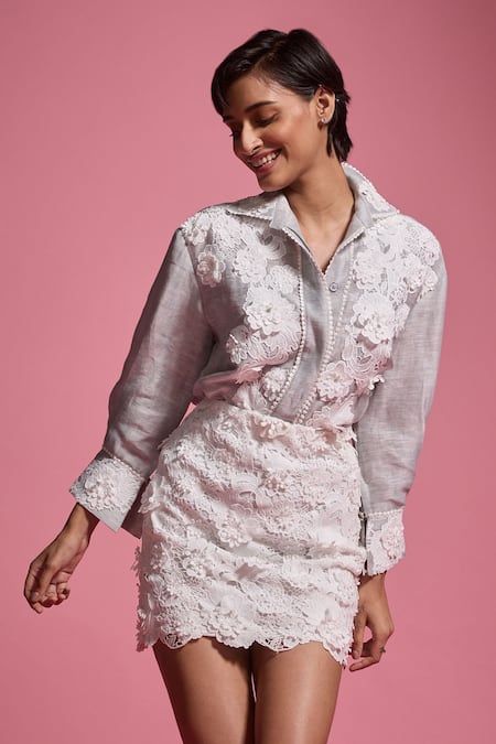 Buy Dash And Dot White Cotton, Polyester Lace, Embroidery 3d Applique Work Shirt And Skirt Set Buy_Dash And Dot_White Cotton, Polyester Lace, Embroidery 3d Applique Work Shirt And Skirt Set