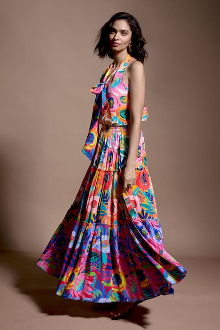 Dash And Dot_Multi Color Viscose Halter Neck Floral Abstract Print Top And Skirt Set _Online_at_Aza_Fashions