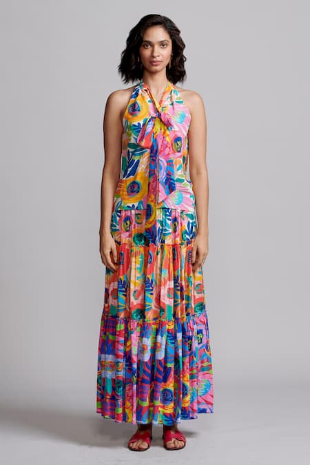 Buy_Dash And Dot_Multi Color Viscose Halter Neck Floral Abstract Print Top And Skirt Set _Online_at_Aza_Fashions