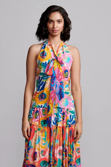 Shop_Dash And Dot_Multi Color Viscose Halter Neck Floral Abstract Print Top And Skirt Set _Online_at_Aza_Fashions