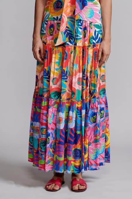 Dash And Dot_Multi Color Viscose Halter Neck Floral Abstract Print Top And Skirt Set _at_Aza_Fashions