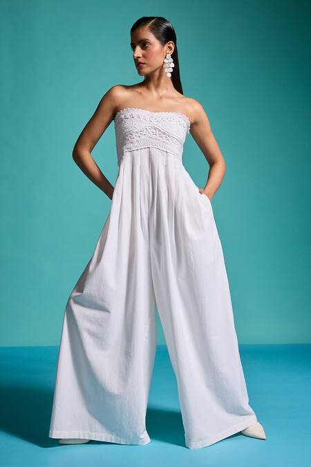 Dash And Dot_White 100% Cotton Embroidered Crochet Lace Sweetheart Work Jumpsuit _Online_at_Aza_Fashions