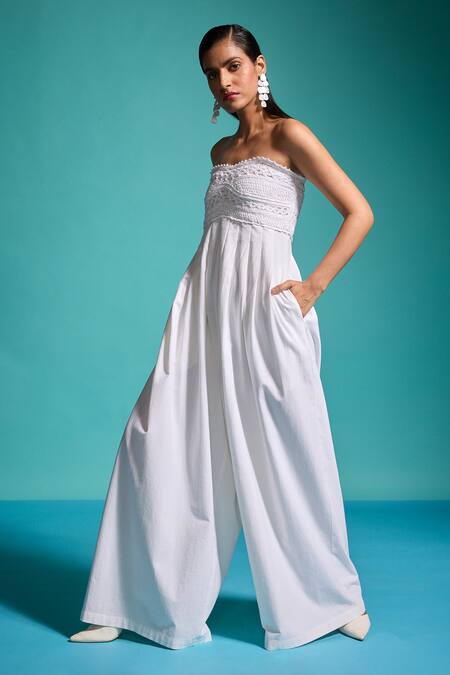 Buy_Dash And Dot_White 100% Cotton Embroidered Crochet Lace Sweetheart Work Jumpsuit _Online_at_Aza_Fashions