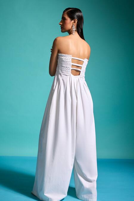 Shop_Dash And Dot_White 100% Cotton Embroidered Crochet Lace Sweetheart Work Jumpsuit _at_Aza_Fashions